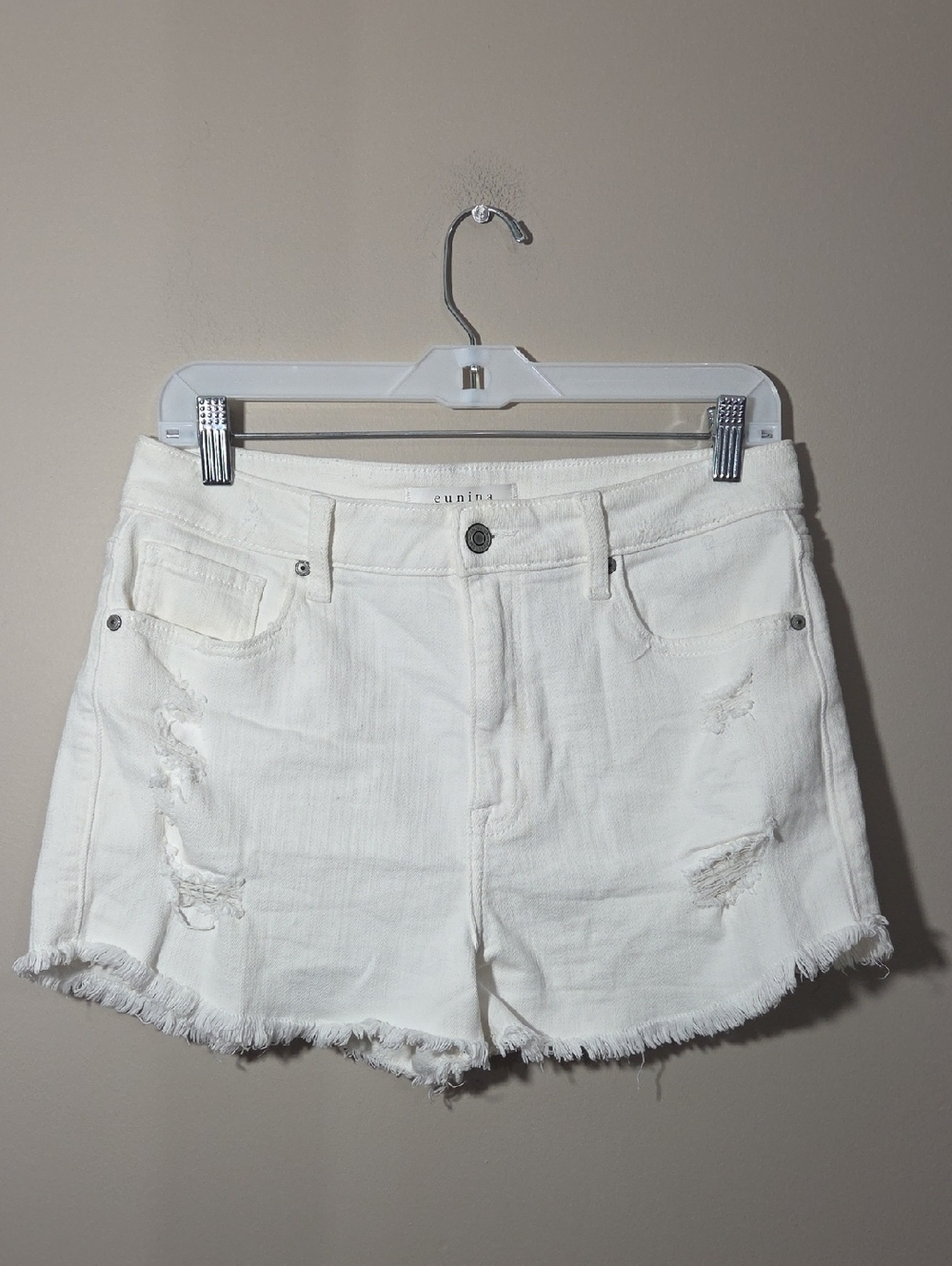 eunina White Distressed Frayed Hem Denim Shorts